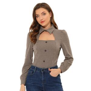 Plaid Choker Top Houndstooth Print Long Sleeve Cutout Blouse Brown